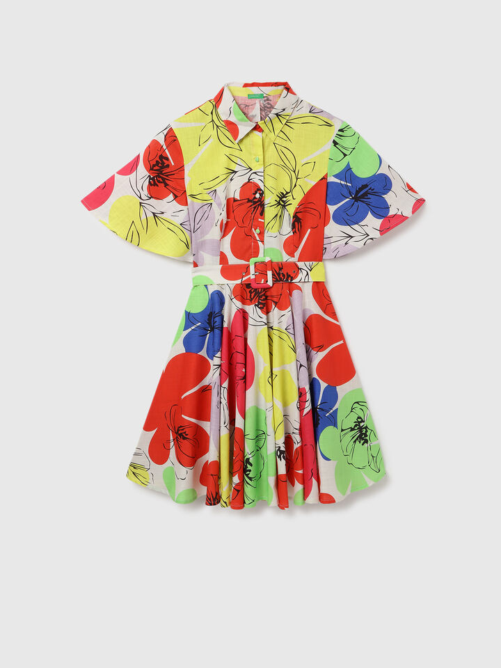 S/S PRINTED SHORT FLARE DRESS WITH BELT image number 6